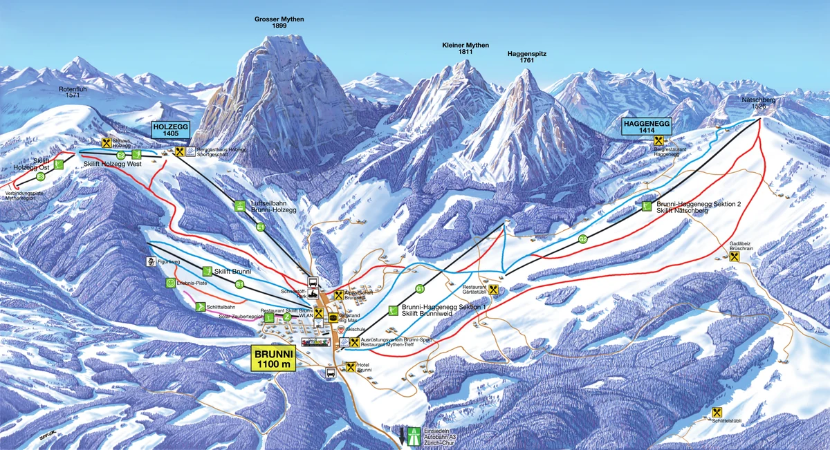 Official panoramic piste map of Brunni-Holzegg-Rotenflue showing ski runs and lifts