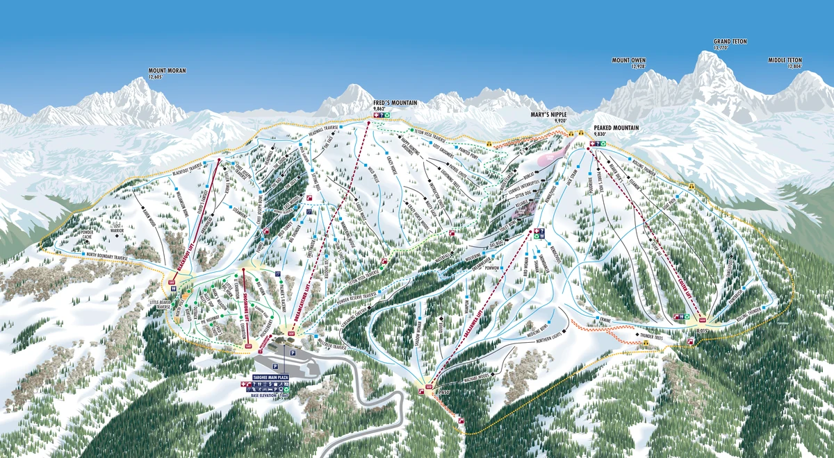 Official panoramic piste map of Grand Targhee Resort showing ski runs and lifts