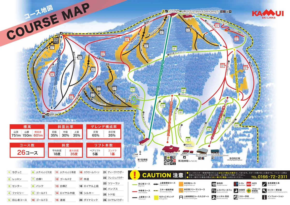 Official panoramic piste map of Kamui Ski Links showing ski runs and lifts