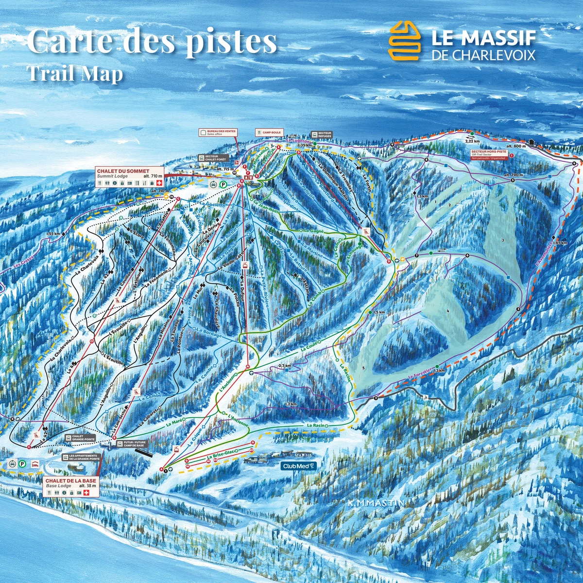 Official panoramic piste map of Le Massif de Charlevoix showing ski runs and lifts