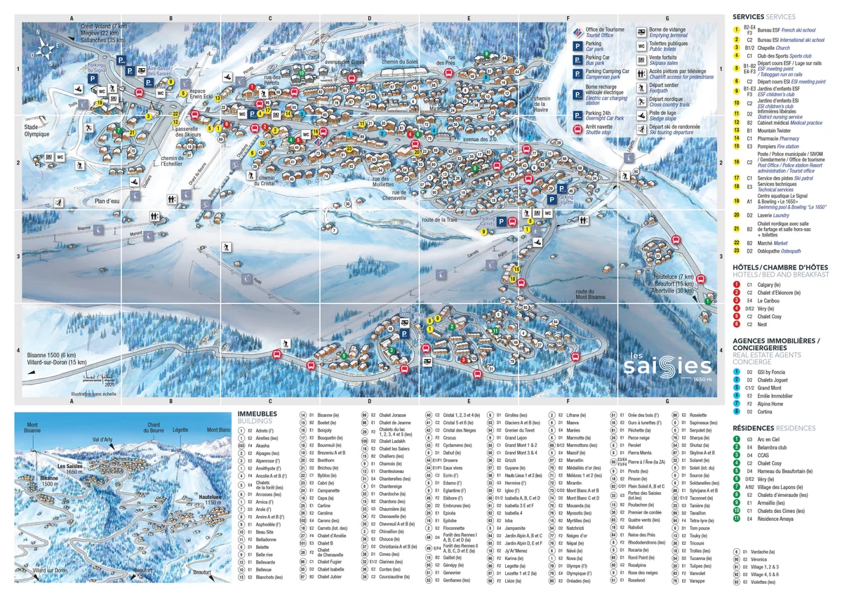 Official panoramic piste map of Les Saisies showing ski runs and lifts