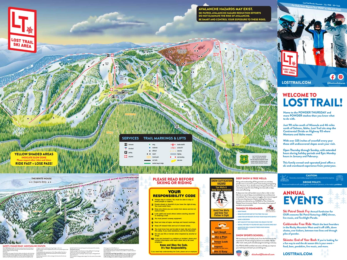 Official panoramic piste map of Lost Trail showing ski runs and lifts