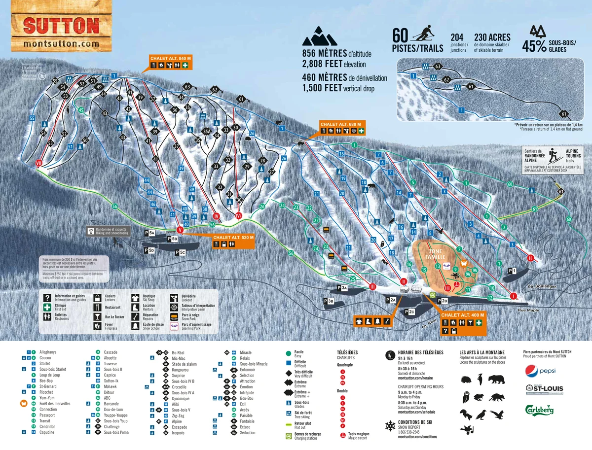 Official panoramic piste map of Mont Sutton showing ski runs and lifts