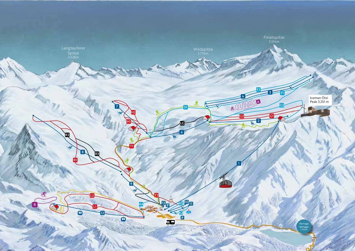 Official panoramic piste map of Schnalstal showing ski runs and lifts