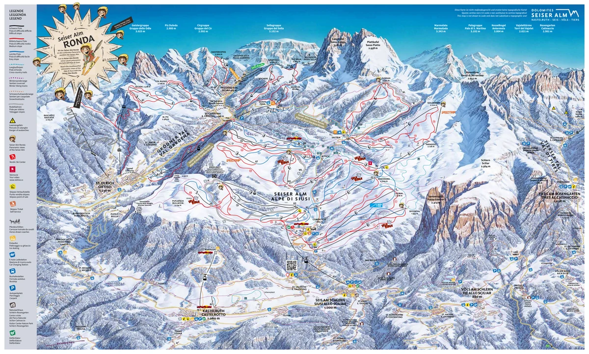 Official panoramic piste map of Seiser Alm - Mont de Sëuc - Alpe di Siusi showing ski runs and lifts