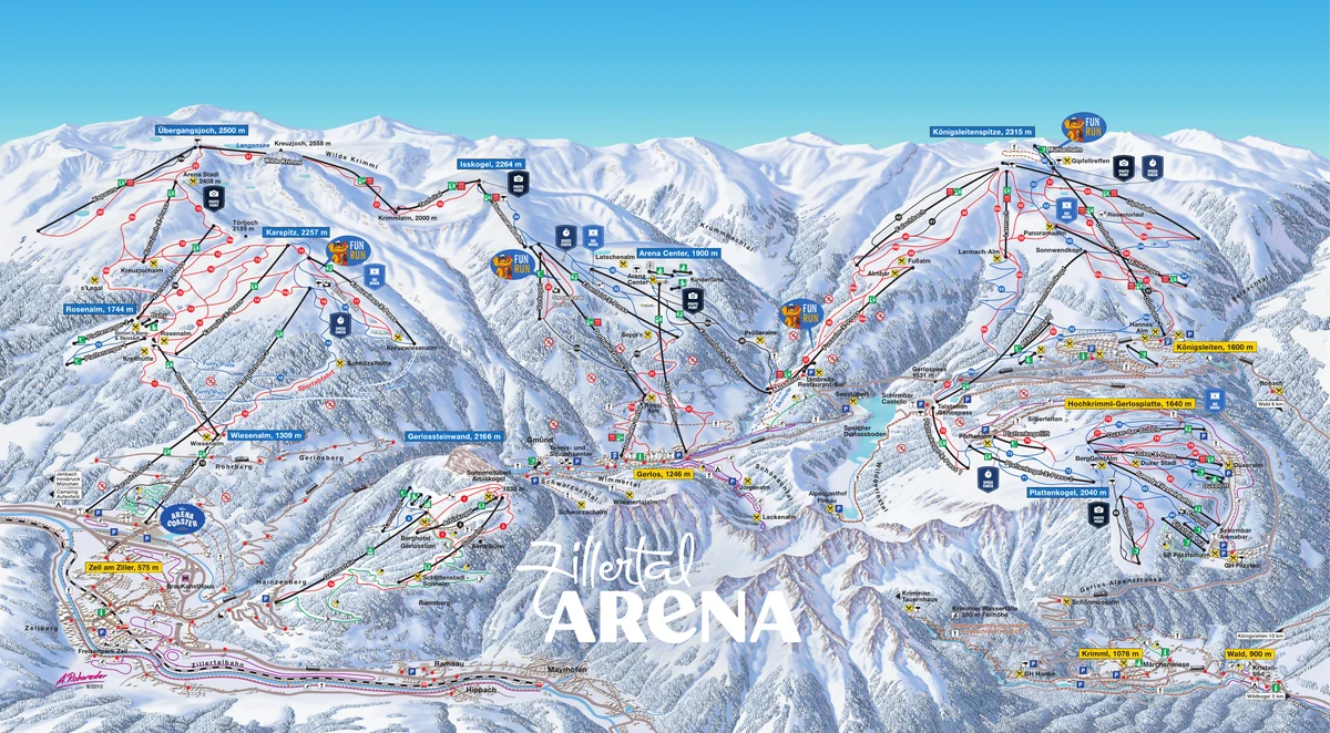 Official panoramic piste map of Zillertal Arena showing ski runs and lifts