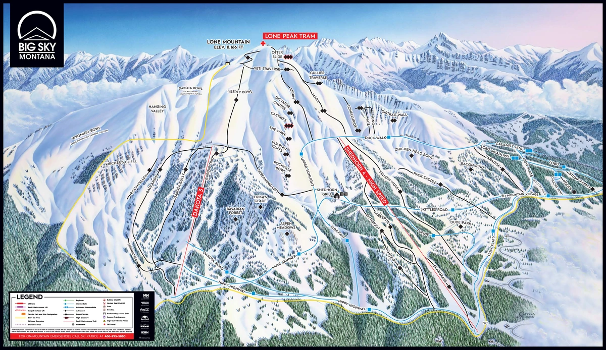 Official piste map · Big Sky · 2025–2026 · South Face — ski runs and lifts
