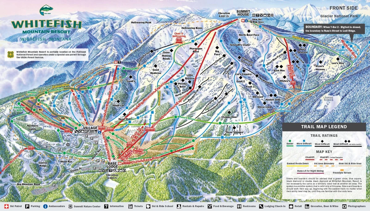 Official piste map · Whitefish Mountain · 2025–2026 · Front Side — ski runs and lifts