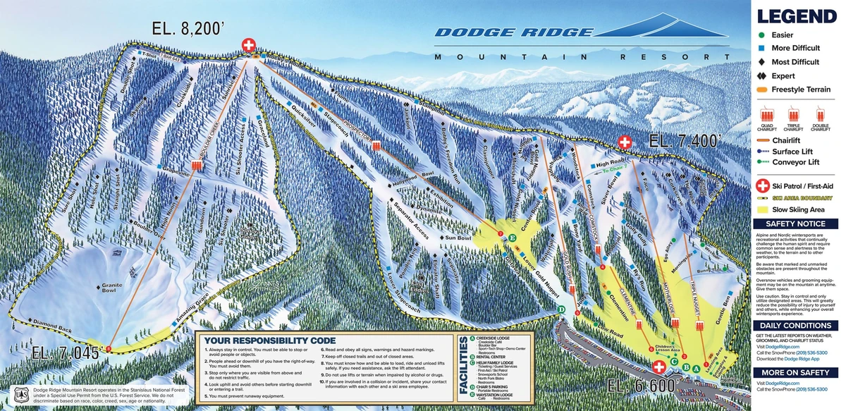 Official piste map · Dodge Ridge Ski Area — ski runs and lifts