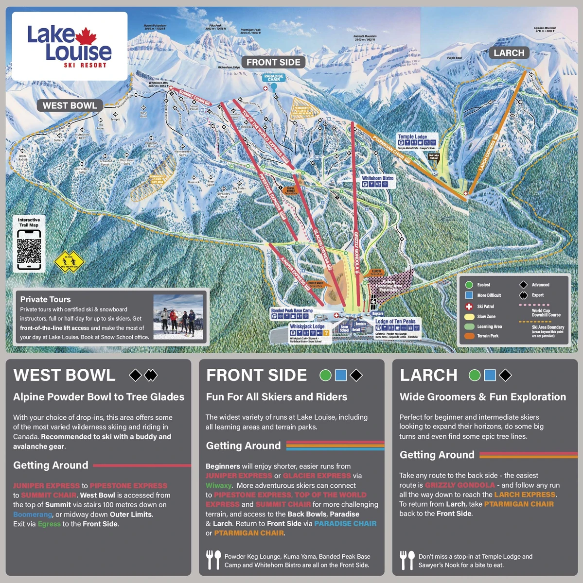 Επίσημος χάρτης πιστών · Λέικ Λουίζ · Front Side, West Bowl & Larch — πίστες σκι και αναβατήρες