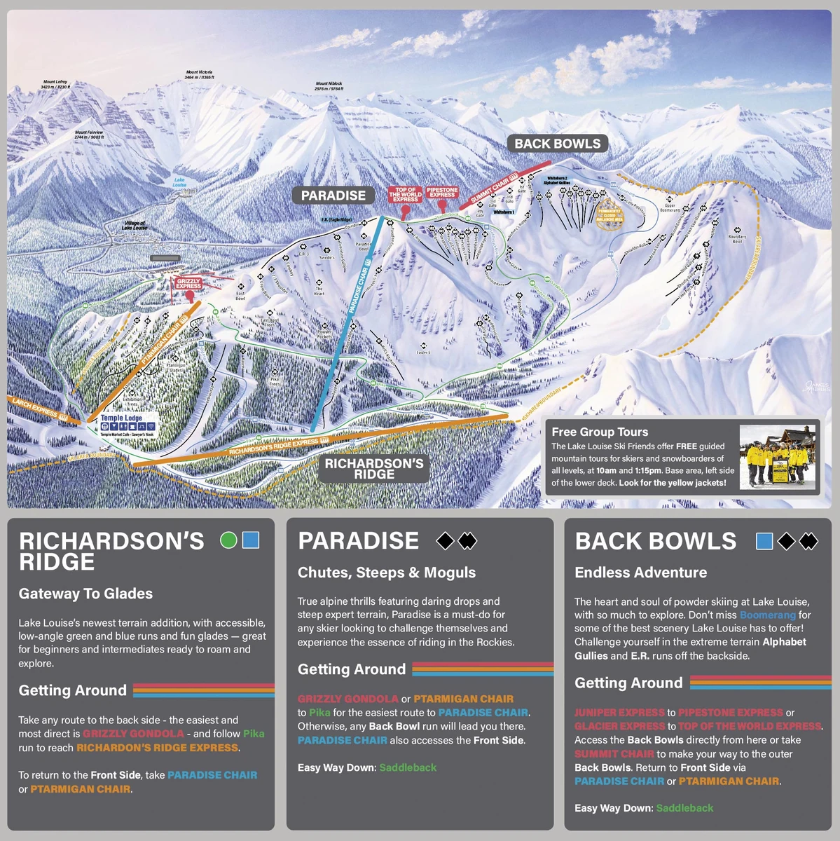 Επίσημος χάρτης πιστών · Λέικ Λουίζ · Back Bowls, Paradise & Richardson’s Ridge — πίστες σκι και αναβατήρες