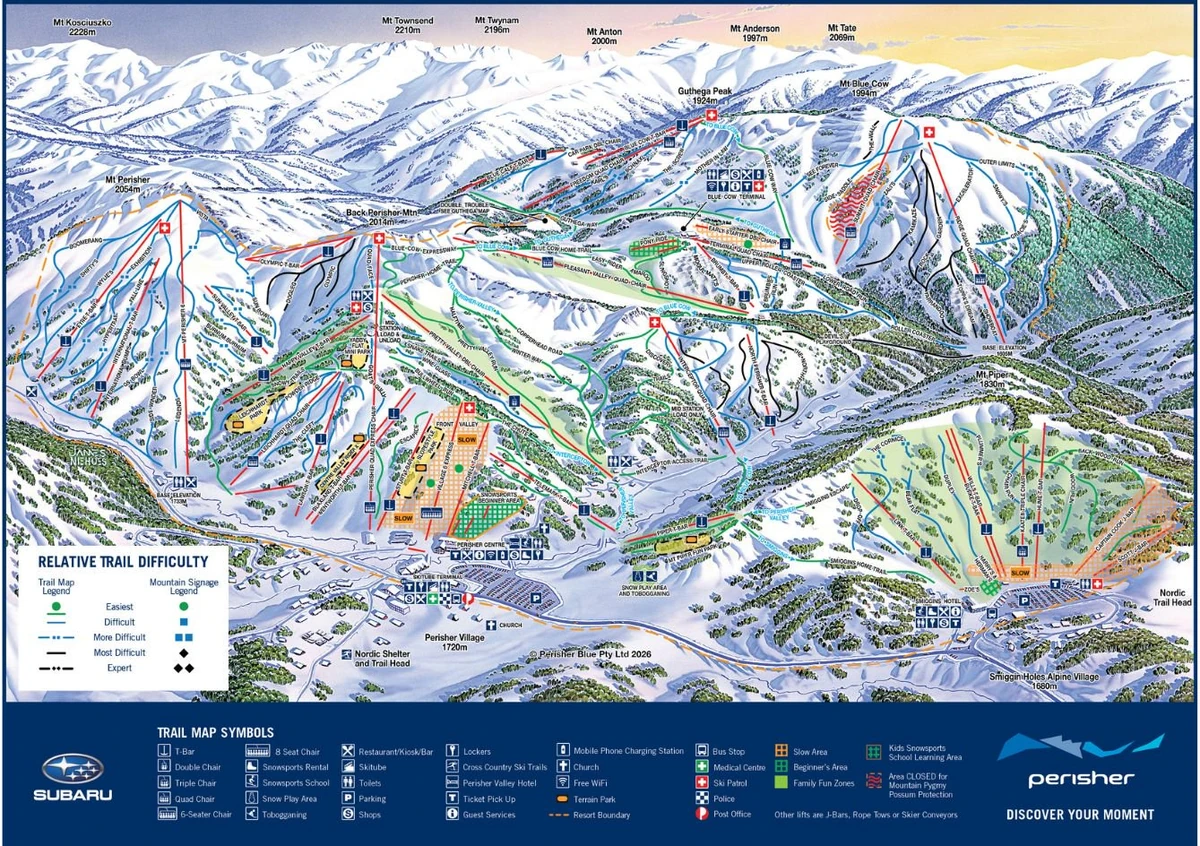 Επίσημος χάρτης πιστών · Πέρισερ · Perisher Valley & Blue Cow — πίστες σκι και αναβατήρες