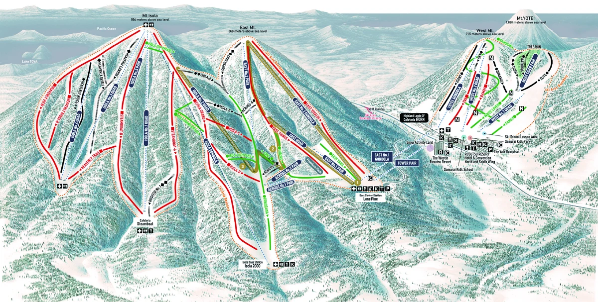 Official piste map · Rusutsu — ski runs and lifts