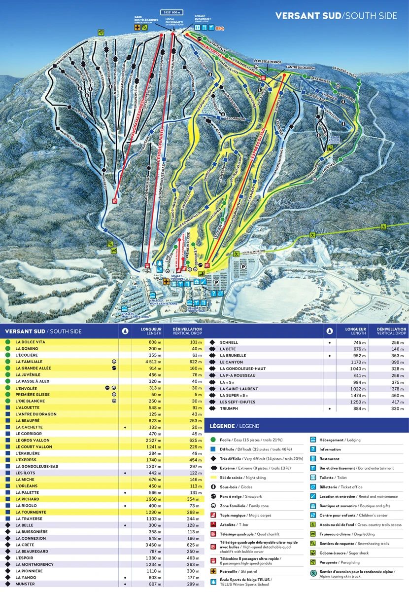 Official piste map · Mont-Sainte-Anne · 2020 · South Side — ski runs and lifts