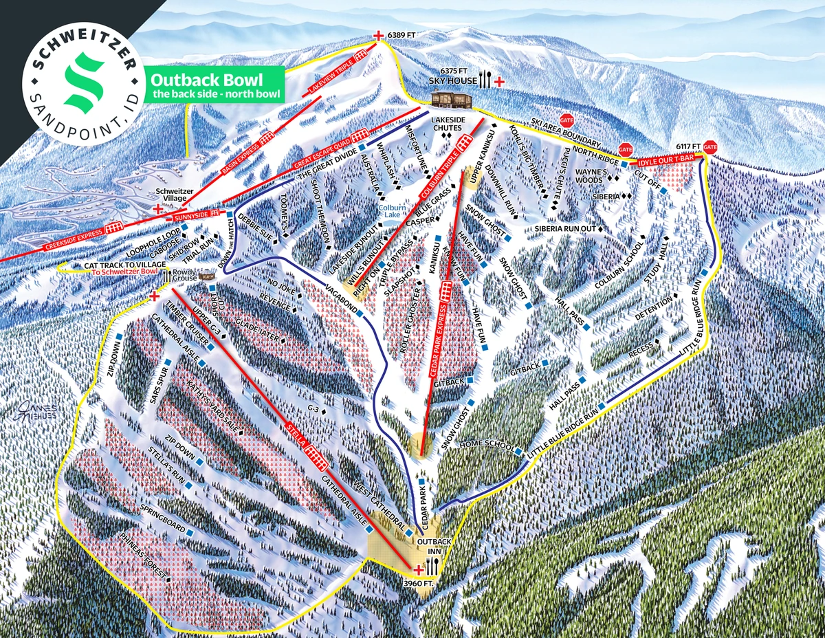 Official piste map · Schweitzer Mountain Resort · 2025–2026 — ski runs and lifts