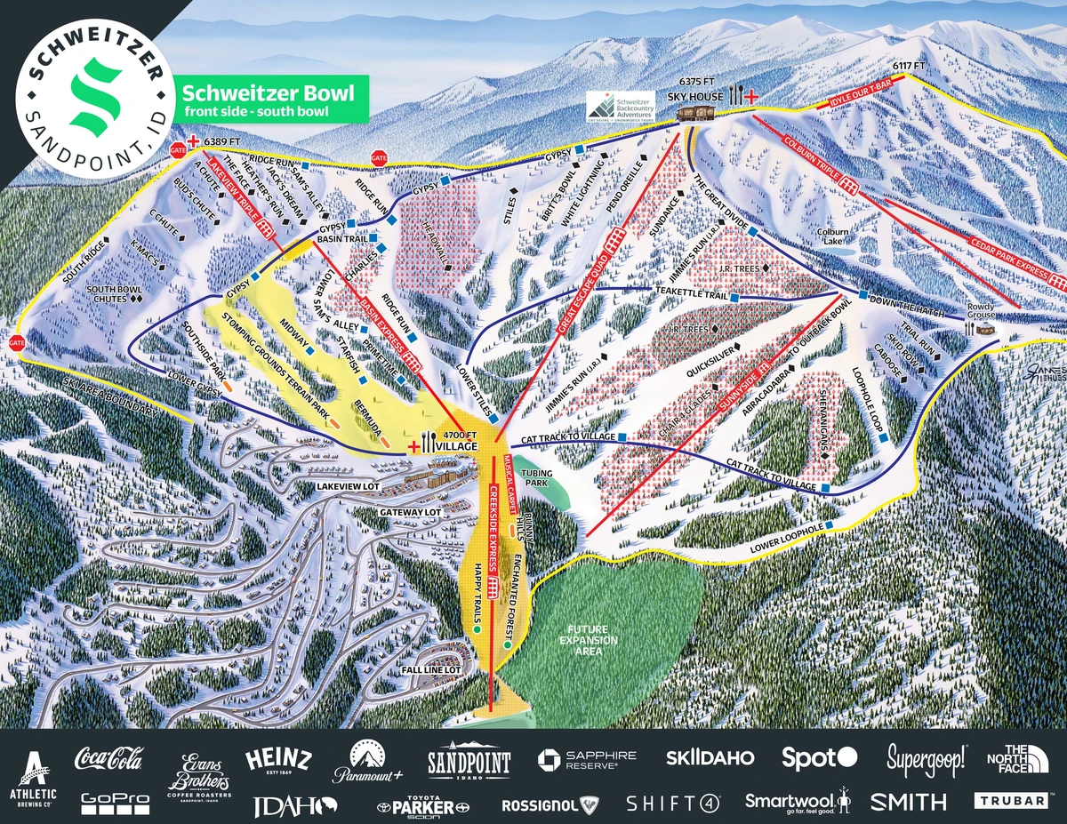Official piste map · Schweitzer Mountain Resort · 2025–2026 — ski runs and lifts