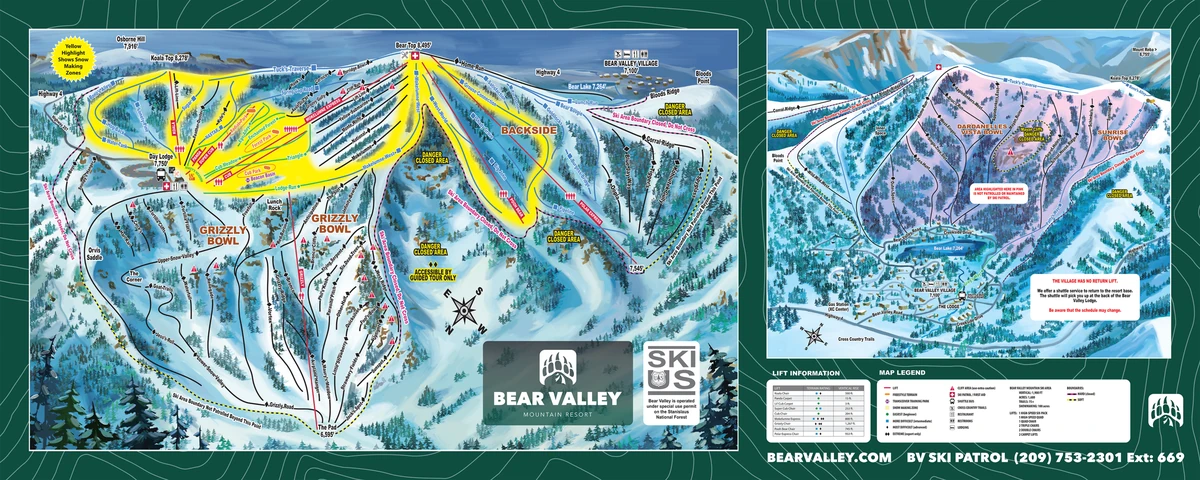 Official piste map · Bear Valley · 2025–2026 — ski runs and lifts