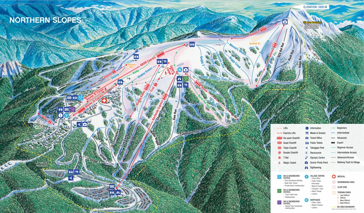 Επίσημος χάρτης πιστών · Μάουντ Μπούλερ · 2026 · Northern Slopes — πίστες σκι και αναβατήρες