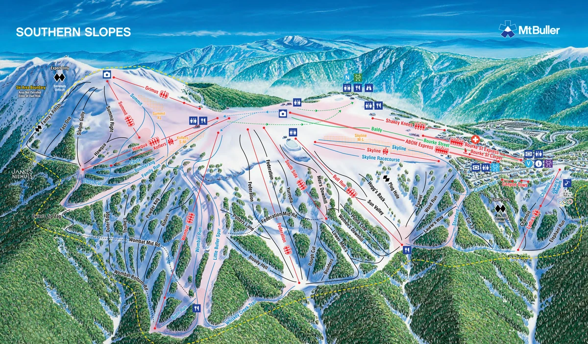 Επίσημος χάρτης πιστών · Μάουντ Μπούλερ · 2026 · Southern Slopes — πίστες σκι και αναβατήρες