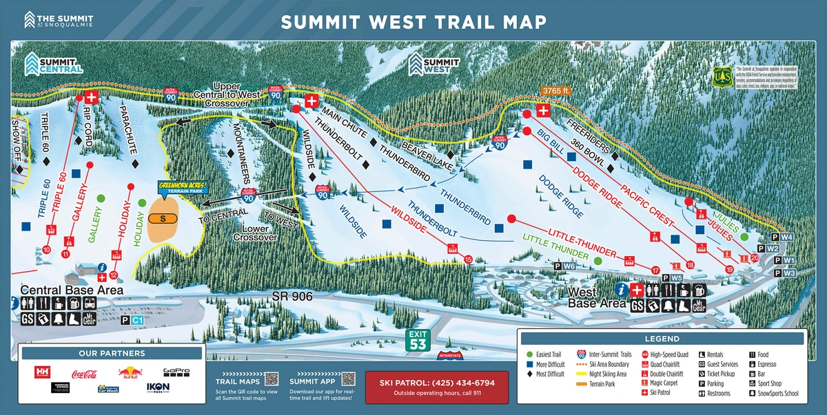 Official piste map · Three Summits · Summit West — ski runs and lifts