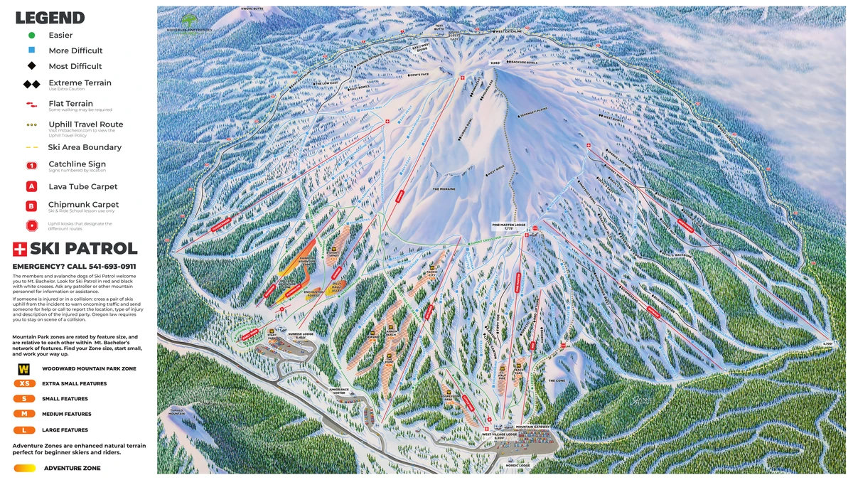 Official piste map · Mt. Bachelor · 2025–2026 — ski runs and lifts