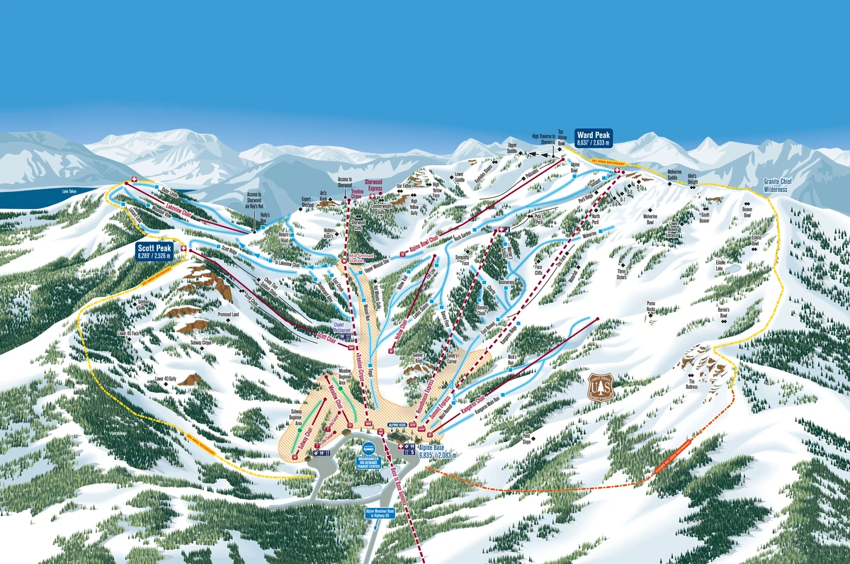 Επίσημος χάρτης πιστών · Παλισέιντς Τάχο · Alpine · Front Side — πίστες σκι και αναβατήρες