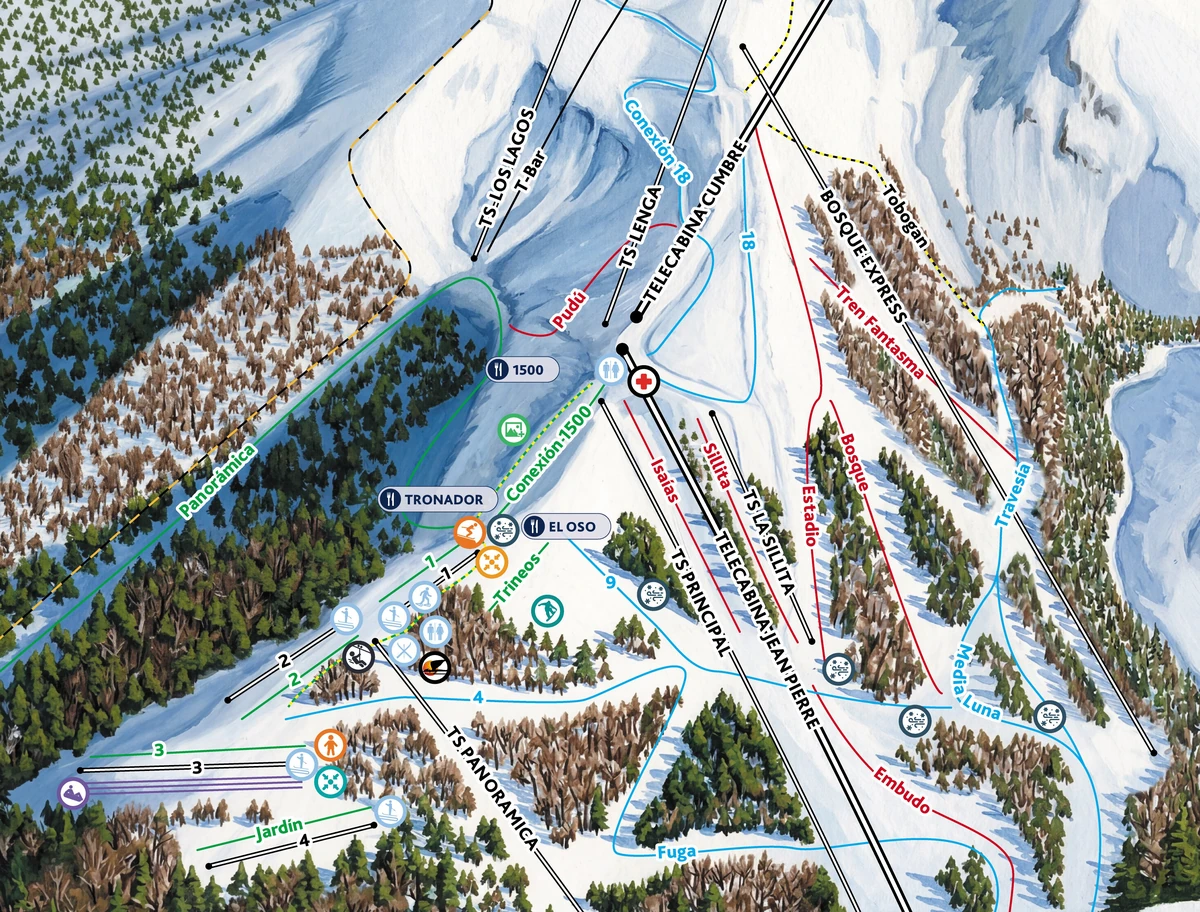 Official piste map · Cerro Bayo · Área 1500 — ski runs and lifts