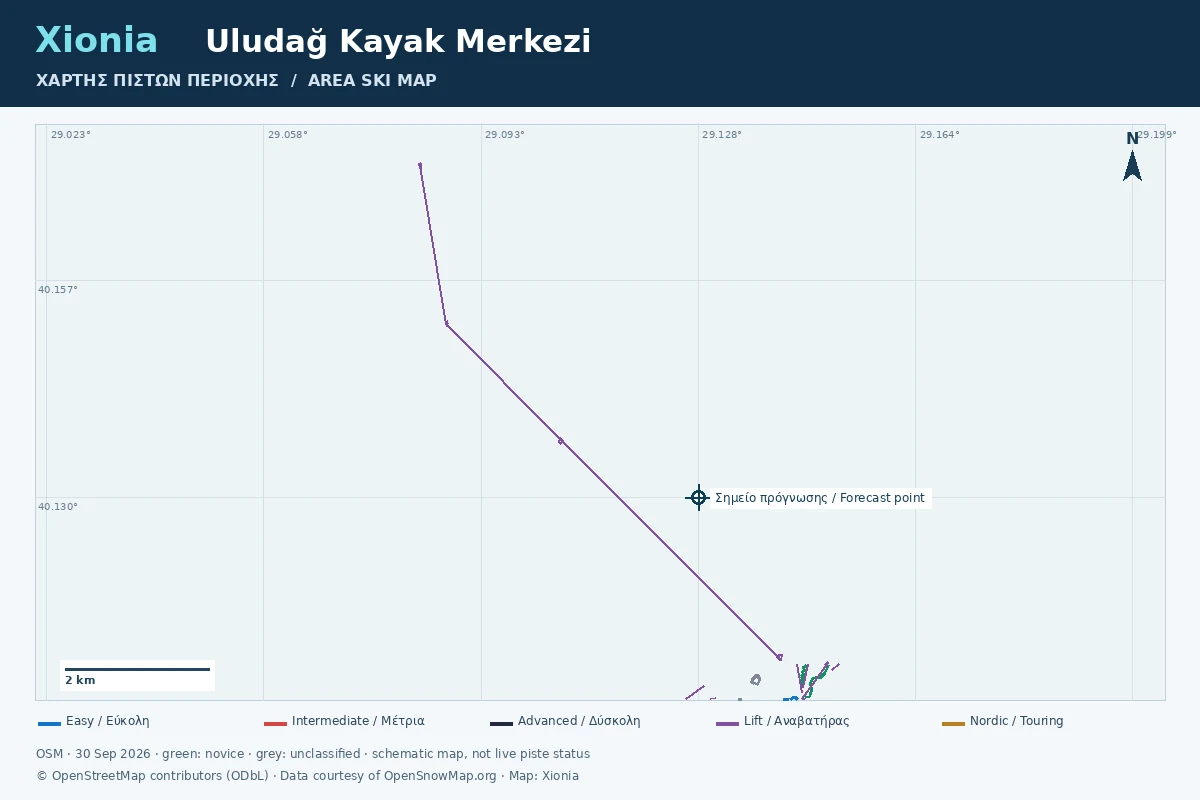 Mapped ski pistes and lifts around Uludağ Kayak Merkezi · XIONIA